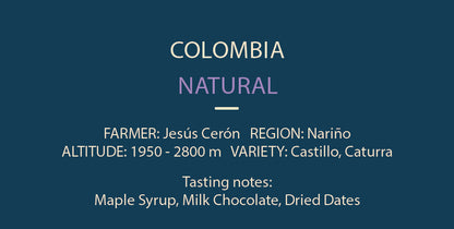 Text detailing Colombian coffee information on a blue background
