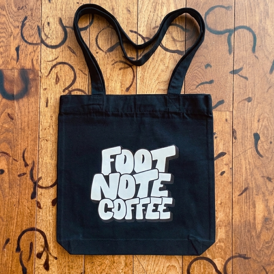 Back of the black Footnote Coffee tote bag with the graffiti-style Footnote Coffee wordmark
