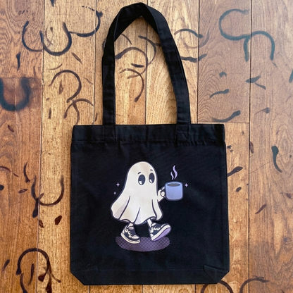Kaspar the Friendly Ghost black recycled cotton coffee tote bag with ghost-and-mug print, Footnote Coffee