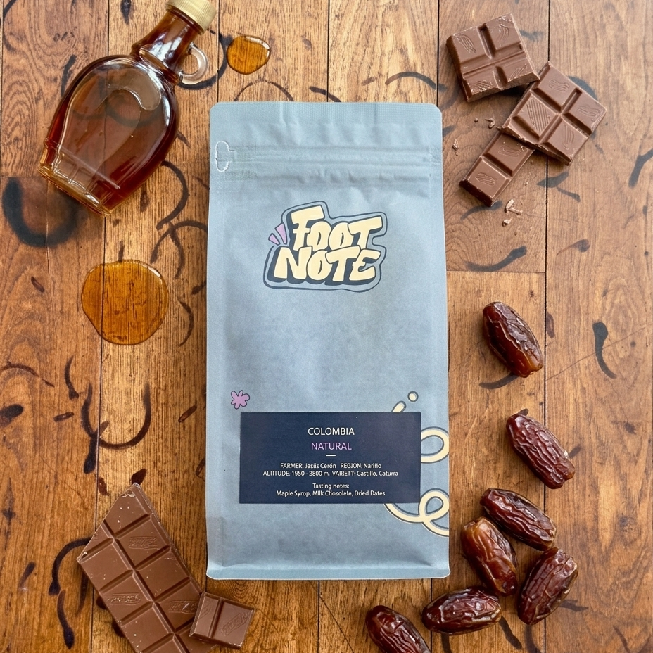 Foot Note coffee package on a wooden surface with chocolate and dates