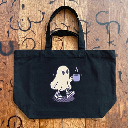 Kaspar the Friendly Ghost large black canvas shopper bag with ghost-and-mug print, Footnote Coffee
